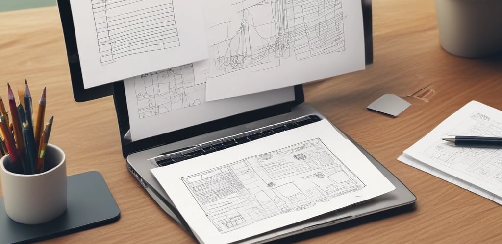 A web designer working on a laptop with food and business-related sketches around.