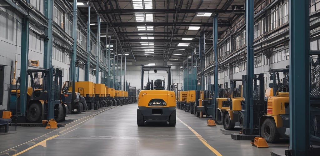A skilled technician inspecting a forklift in a bright, modern workshop with blue and orange accents.