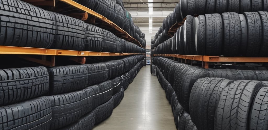 A display of various tyre brands and types available at Gulf Speciality Tyre LLC.