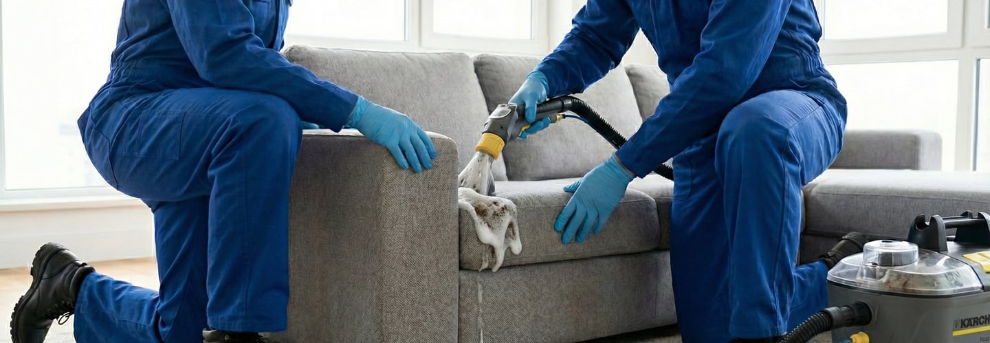 Técnicos lavando muebles en Ibagué con máquina profesional