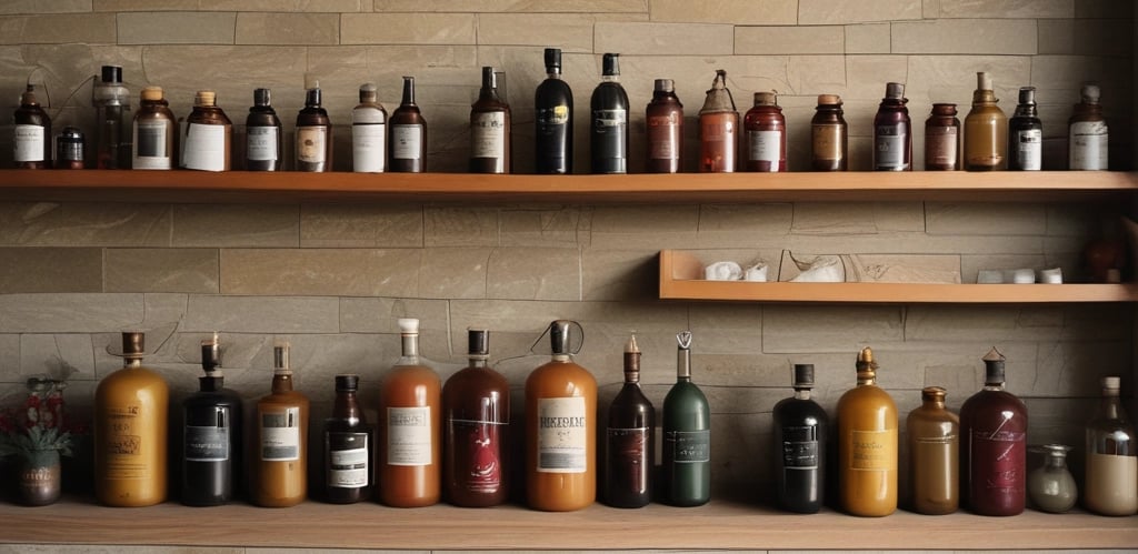 Close-up of artisanal vinegar bottles with fresh fruits and herbs around them on a rustic wooden table.