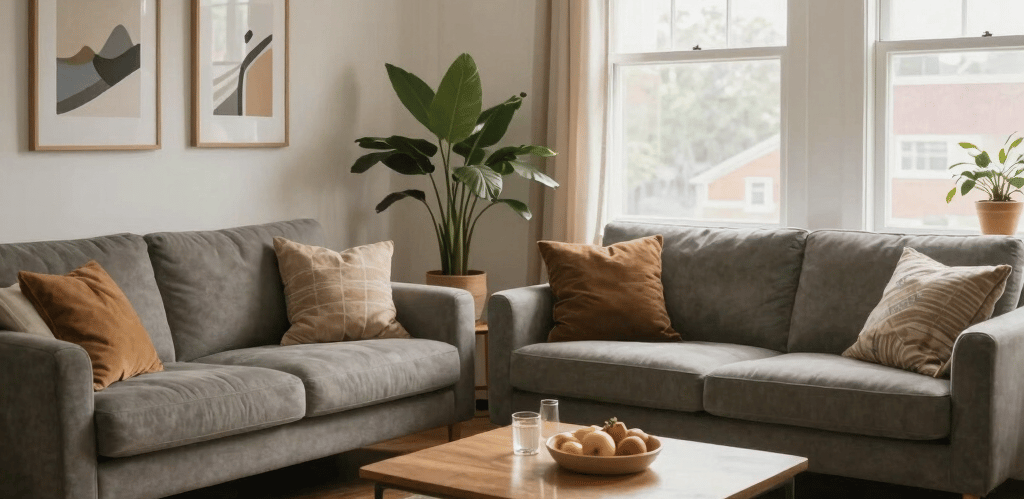 Cozy shared living space with warm lighting and friendly residents in Detroit.