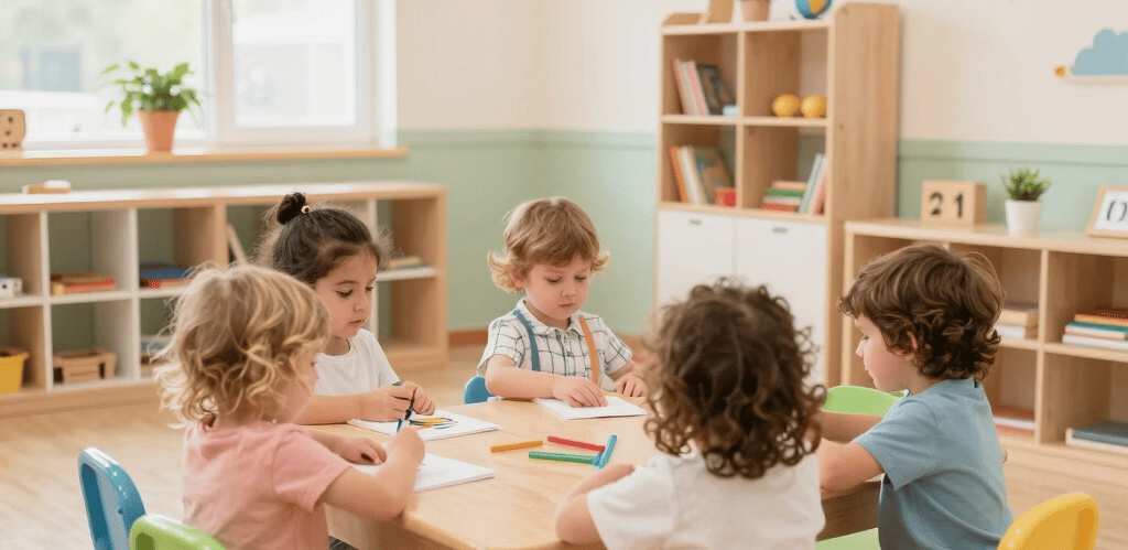 A warm classroom scene showing diverse toddlers engaged in playful learning activities with caring teachers in BrightSprouts childcare center.