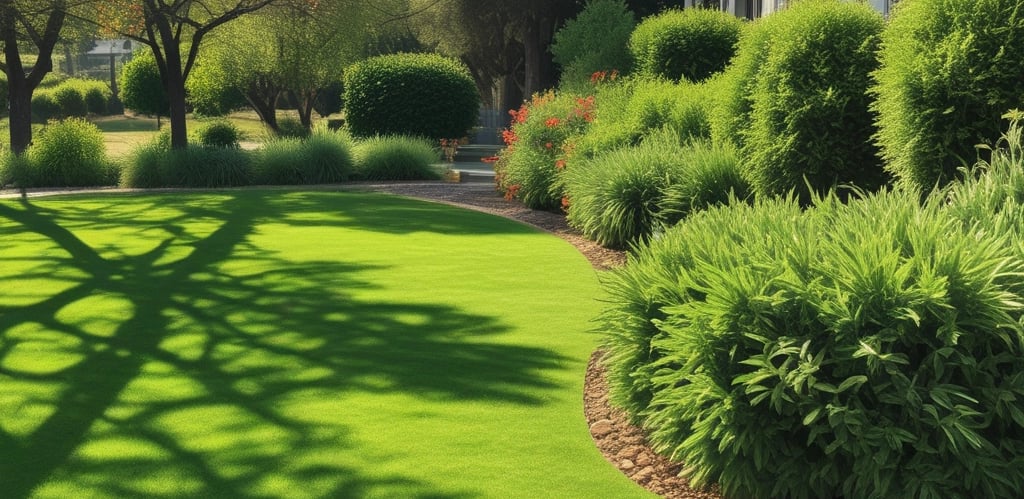 A lush green lawn with a gardener planting young trees under bright daylight.