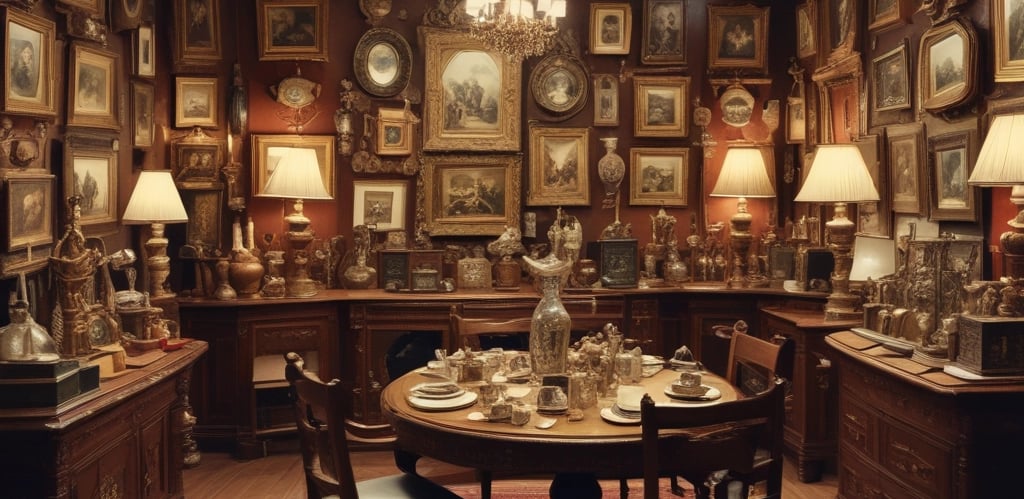 A warm, inviting antique shop interior with wooden furniture and vintage decor in Bodrum.