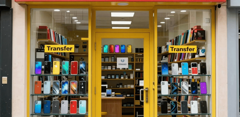 A friendly store front with a bright sign reading 'mundo.com' and customers happily interacting inside.