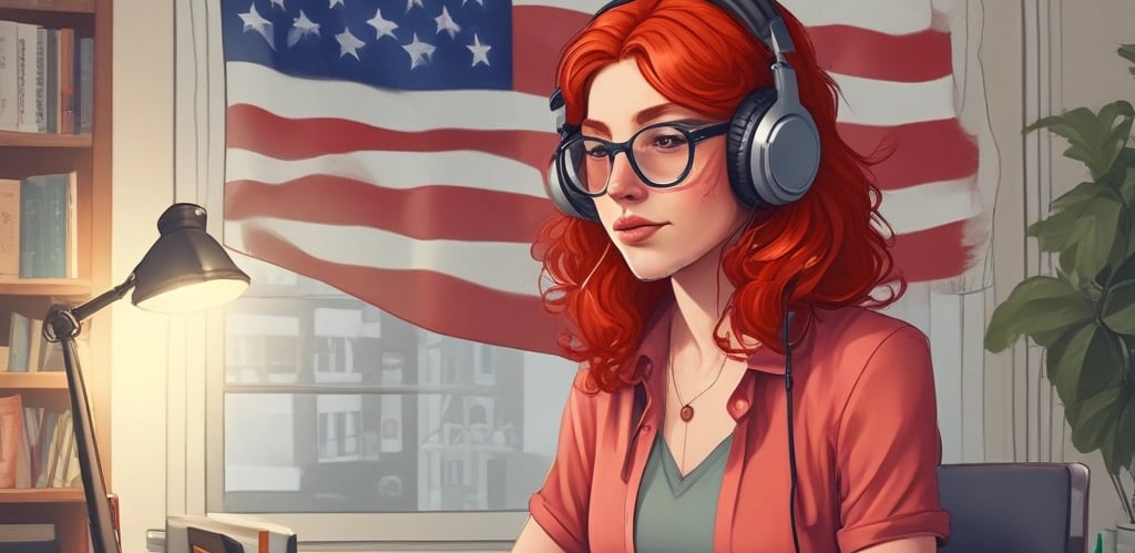 A friendly middle-aged Brazilian male teacher smiling while holding bilingual books and headphones in a cozy study room.