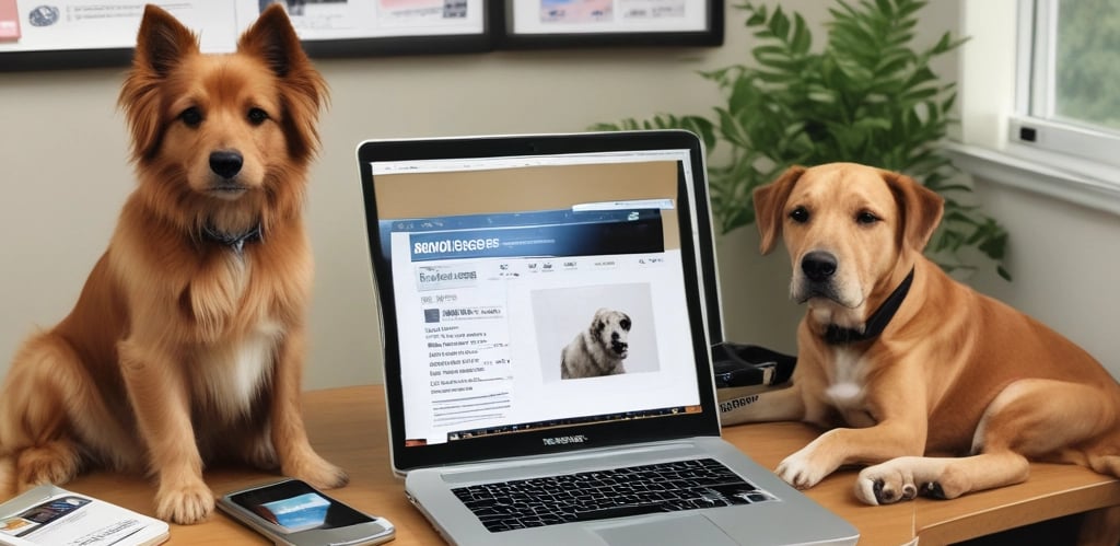 A warm, inviting workspace with veterinary books, a laptop showing myvetcorner's homepage, and a friendly dog resting nearby.
