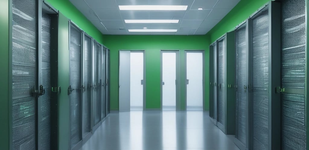 A warm, inviting office space with earthy green and brown tones, featuring a team collaborating over data centre plans.