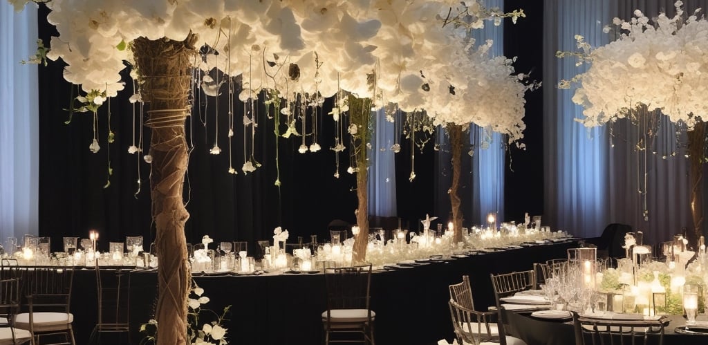 A warmly lit wedding venue glowing with uplighting and a sparkling LED dance floor under soft navy blue ambient lighting.