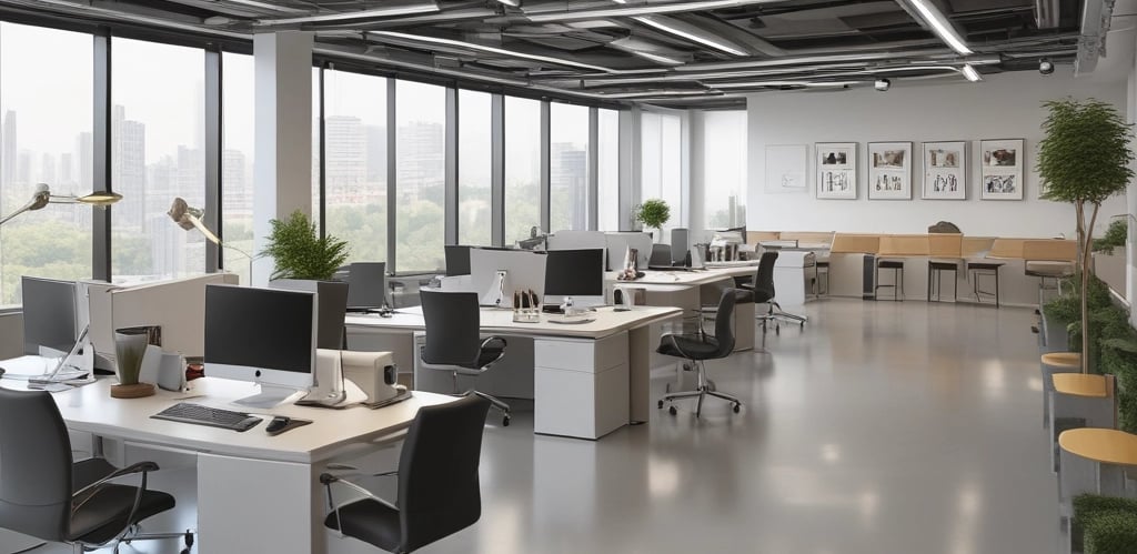 A diverse team collaborating around laptops and digital devices in a bright, modern office.