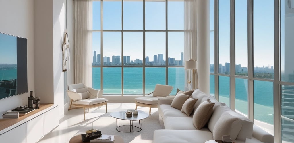 Modern and bright photo of a luxury Miami waterfront home with a calm coastal teal sky at sunset.