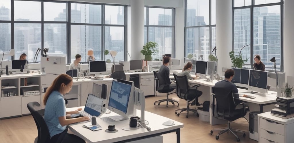 Professional ergonomics consultant conducting a workplace assessment with employees in an office setting.