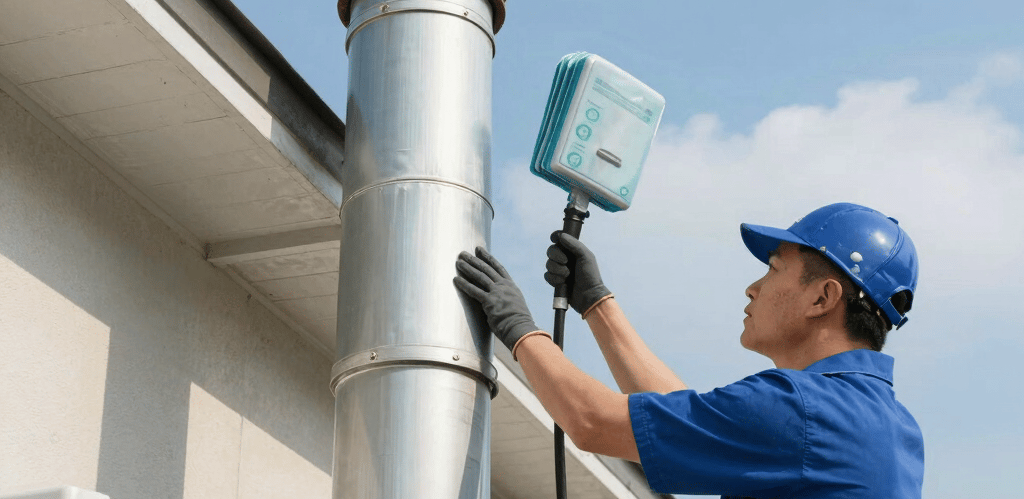 Technician carefully inspecting an air duct system with a camera in a bright, modern home.