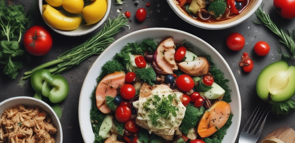 A cozy workspace with a laptop open to a diet blog, surrounded by fresh fruits and a cup of herbal tea.