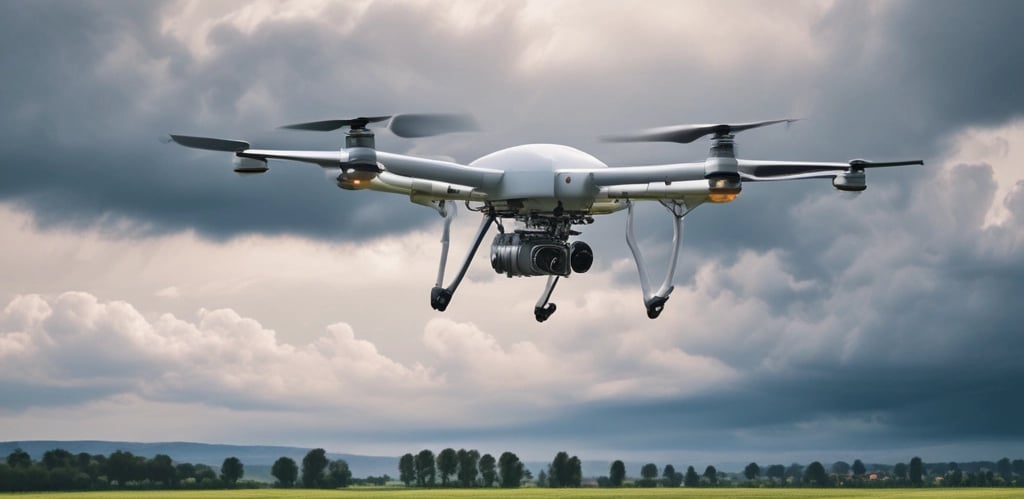 A close-up of a drone equipped with a mode-s transponder flying over a test field at sunset.