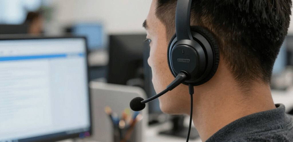 Modern office workspace with lsdata team collaborating on IT solutions.