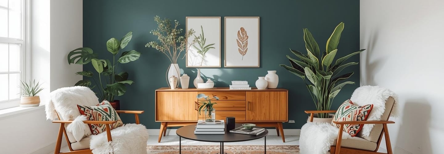 A bright, airy living room featuring minimalist decor, lush indoor plants, and soft natural light. T