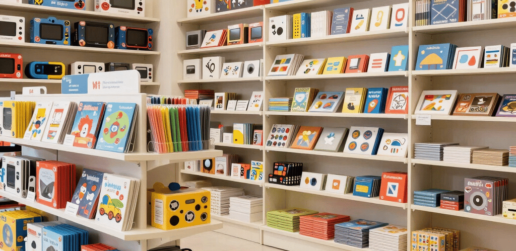 A colorful display of toys, games, and art supplies arranged on a bright table with happy children and adults engaging together.