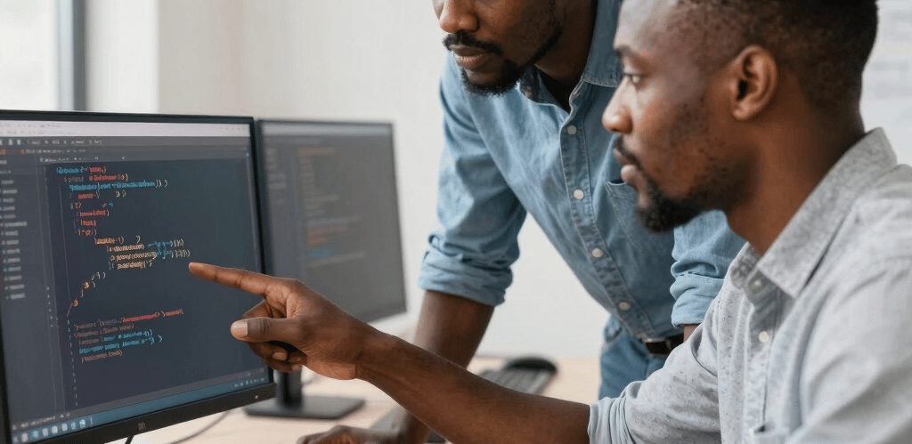 Modern office workspace with diverse team collaborating on AI and data projects.