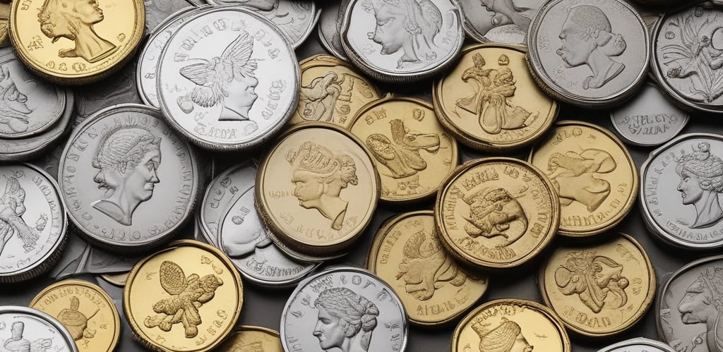 A close-up of gold and silver coins and jewelry displayed on a wooden table at Pat's Coins shop.