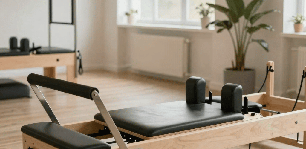 A warm Pilates studio with an instructor guiding a client through a personalized exercise.