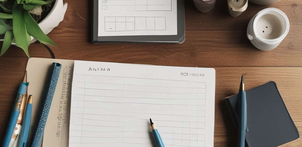 A cozy workspace with a laptop, notebook, and coffee cup, symbolizing focus and personal growth.