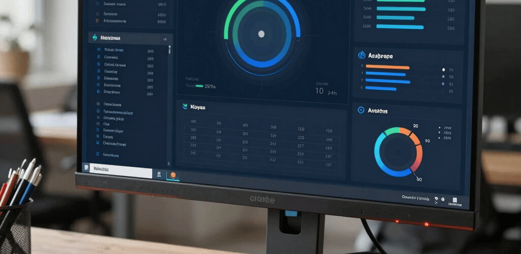 Computer monitor displaying a data analytics dashboard with colorful charts and UI elements on a wooden desk.