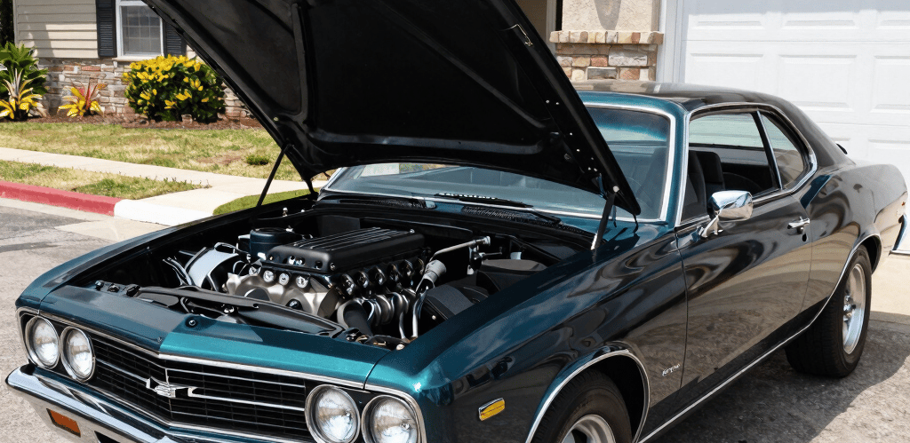 Close-up of a high-performance LS engine with custom tuning components in a workshop setting.