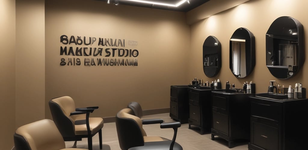 A warm, inviting salon interior with natural wood accents and soft lighting highlighting makeup stations.