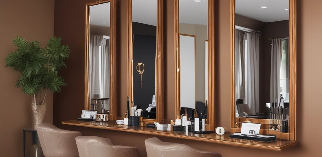 A warm, inviting salon interior with natural wood accents and soft lighting highlighting makeup stations.