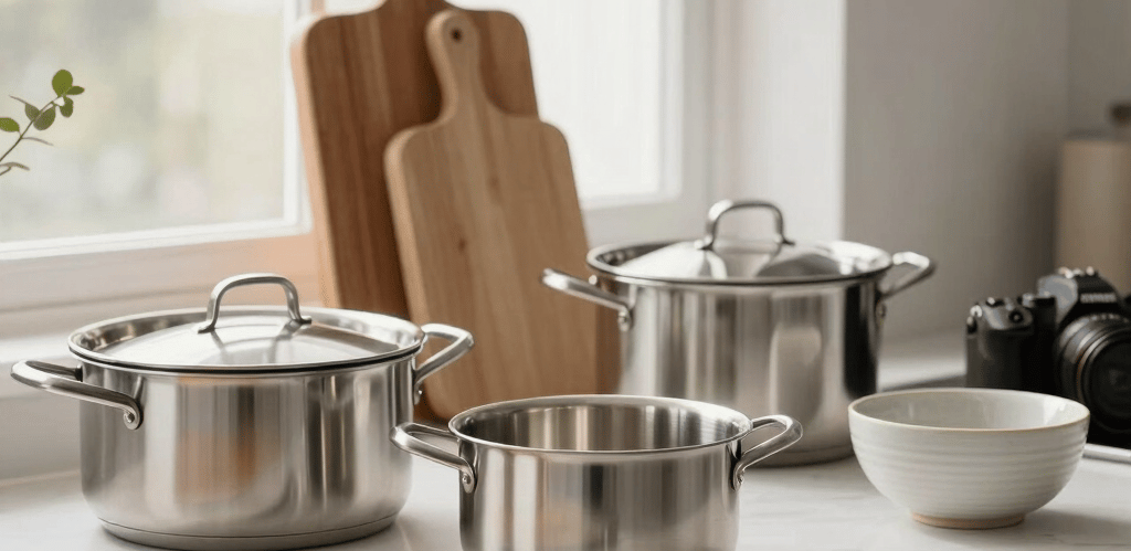 A cozy kitchen scene with a chef using premium utensils in natural light.