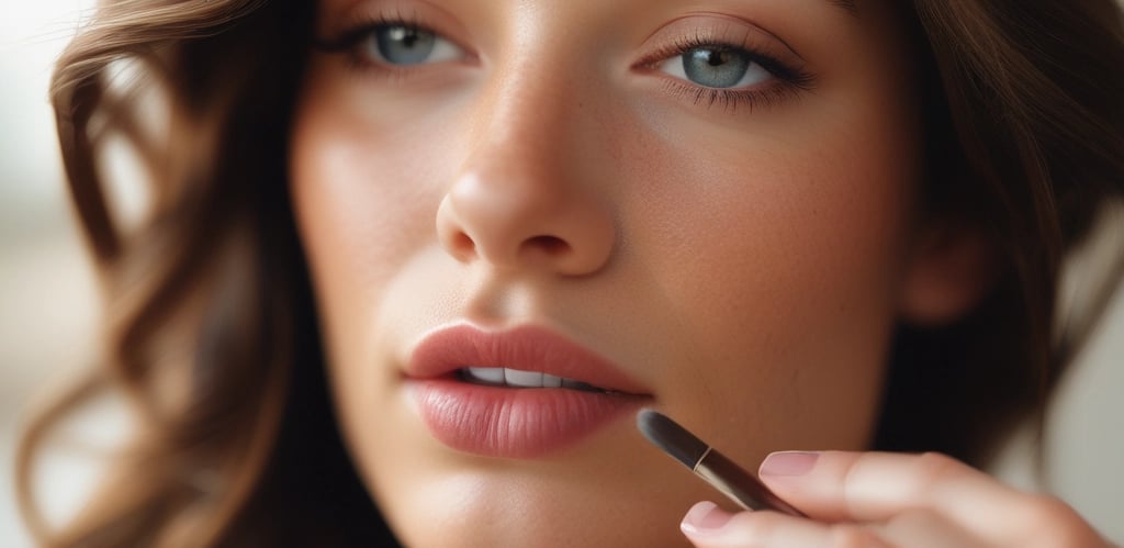 A close-up of a person with carefully styled dark hair and dramatic makeup, including dark eyeliner and glossy lips. A pink tube of lip gloss with the brand name 'Loyal Beauty' is held near the lips.