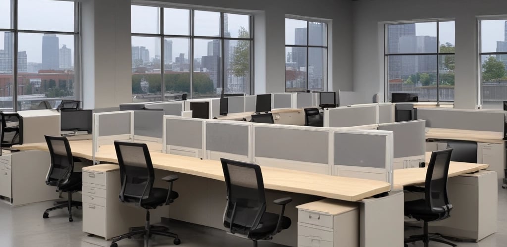 A small office space with a modern wooden desk and two chairs. The desk has a perforated metallic panel at the front, and the left chair is positioned partially under the table. An air conditioning unit is visible in the upper left corner. The room is well-lit with natural light coming through a window on the right, casting shadows on the floor.