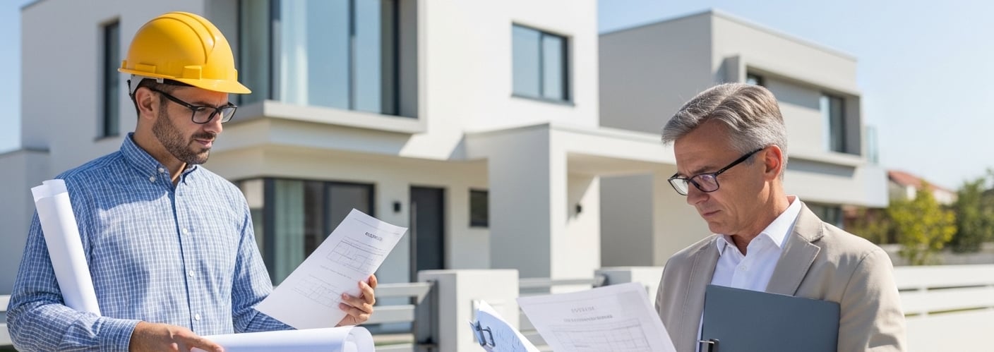 engenheiro com documentos realizando regularização de obra residencial concluída