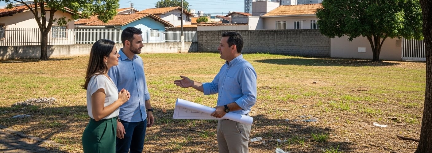 Casal avaliando terreno vazio com engenheiro antes da compra, análise técnica de viabilidade de cons