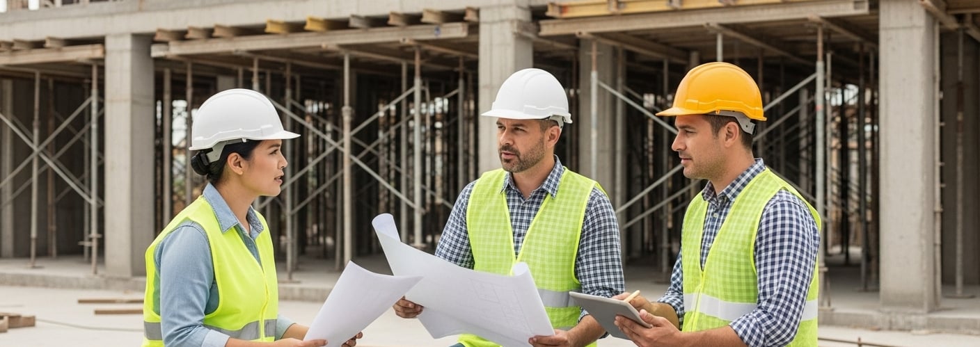 reunião em canteiro de obras entre arquiteto, engenheiro e proprietário analisando projeto da casa