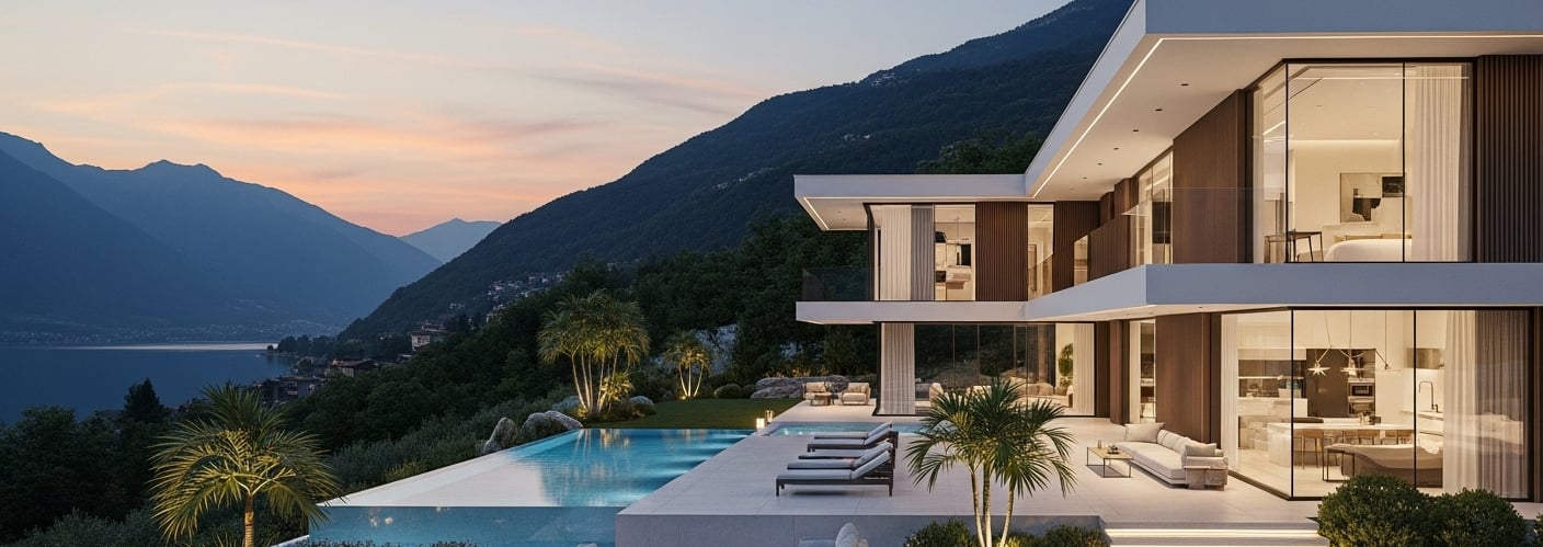 casa moderna de alto padrão com piscina, vista para lago e montanhas ao entardecer