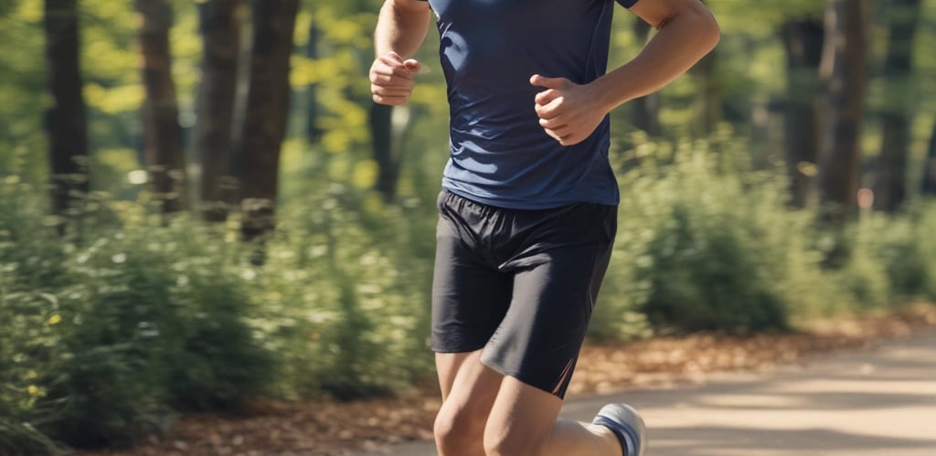 A person is running on a red track in an outdoor setting. They are wearing a bright pink athletic shirt, black shorts, and pink running shoes with black accents. The background shows a blue wall and blurred elements, indicating depth of field.