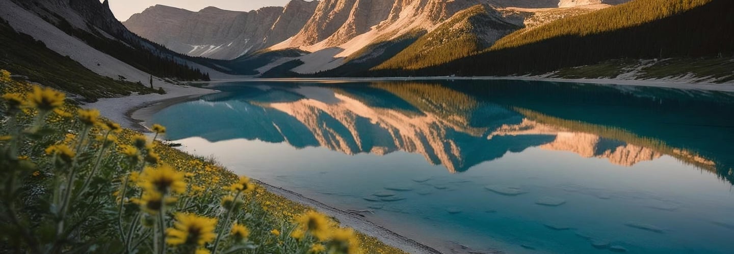 Una scena di montagna con un lago e montagne sullo sfondo