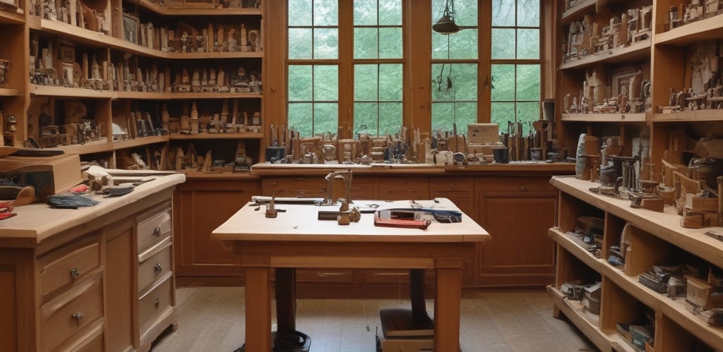Two men are engaged in woodworking. One man wearing a green jacket and a straw hat is cutting or shaping wood while kneeling. Another man sits nearby observing or assisting. The setting appears to be outdoors, with wooden structures and greenery in the background.