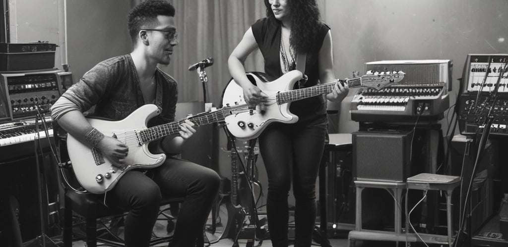 Musicians collaborating in a studio surrounded by instruments and recording equipment.