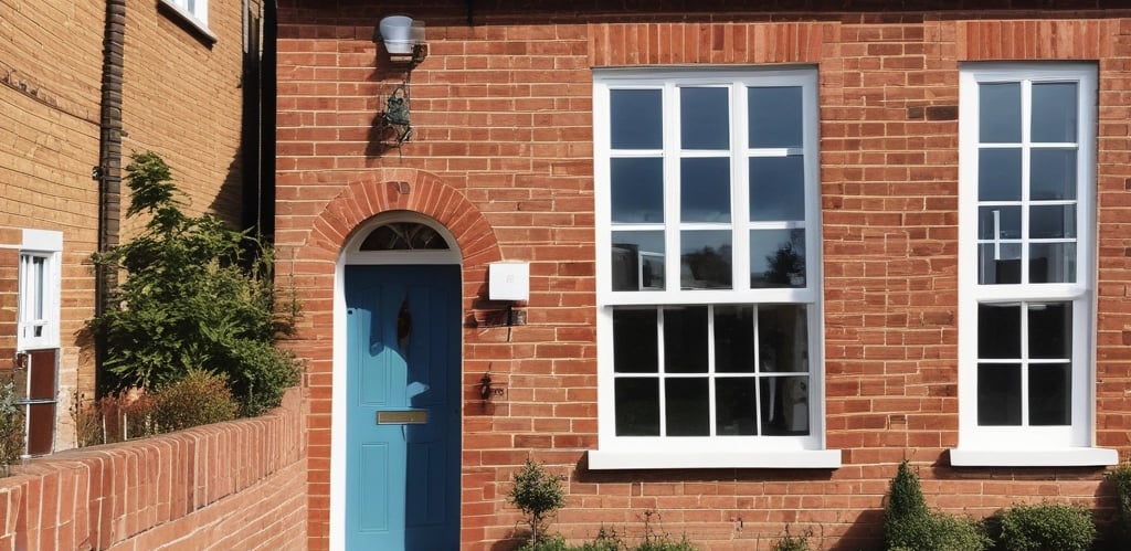 A tall red residential building with several air conditioning units fixed to its exterior, and a few individuals visibly performing maintenance work or cleaning on the windows. A curved road runs parallel to the building, with a couple of cars driving by. In the distance, other high-rise buildings are visible, along with trees providing some greenery to the urban landscape.