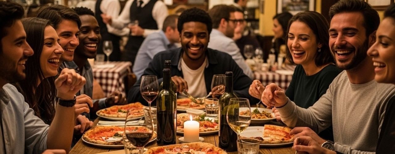 a group of friends having a fun time while eating pizza and drinking wine.