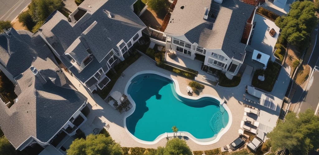 Aerial view of a vibrant outdoor wedding with guests and decorations visible.