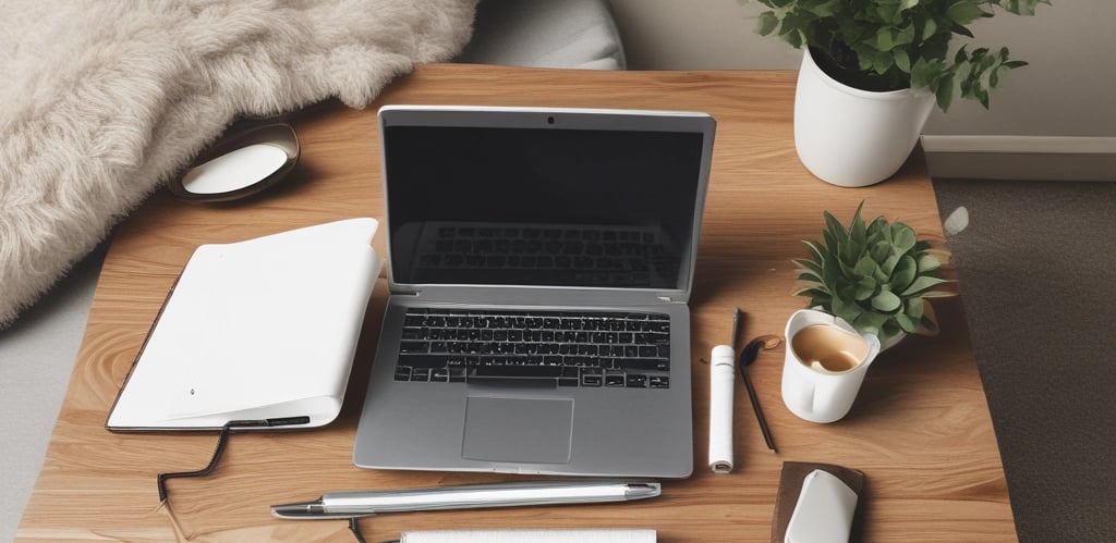 A cozy workspace with a laptop, coffee cup, and shopping packages on a wooden table
