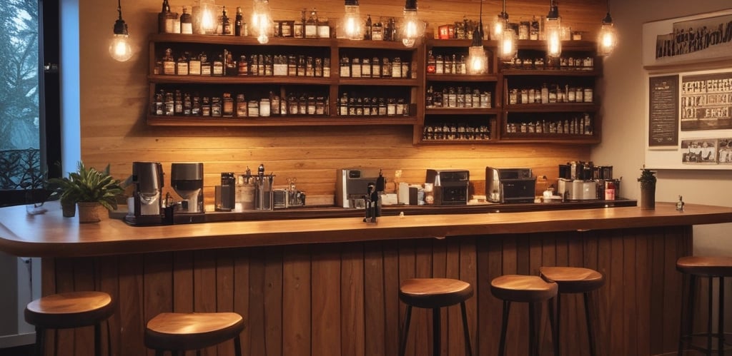 A cozy café interior with wooden textures and warm lighting.