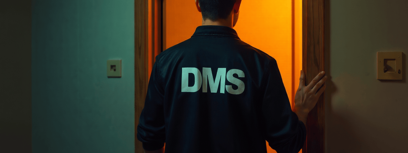 homme devant porte ouverte avec une veste noire DMS