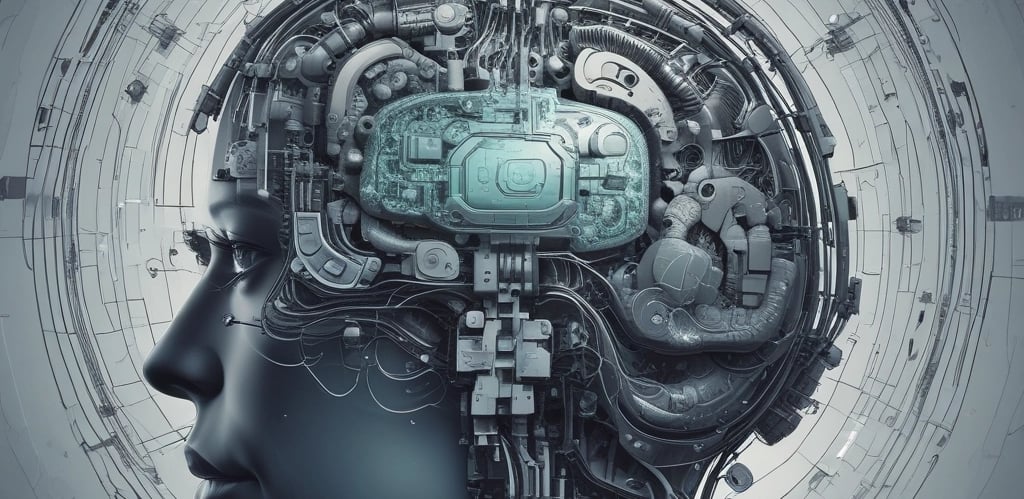 Large blue letters 'AI' stand prominently on a surface covered with a pattern of hexagonal shapes. Dark swirling lines intersect around the letters, creating a sense of motion and complexity. The background has a metallic sheen with a futuristic, digital style.