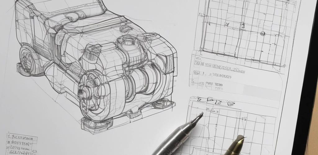 The image depicts an architectural or engineering workspace featuring technical drawings with precise measurements and annotations. Several drafting tools, including a pen, pencil, protractor, and triangular scale, are placed on top of the drawings. A rolled-up sheet of paper and a metallic rectangular case are also visible, adding to the professional and organized setting.